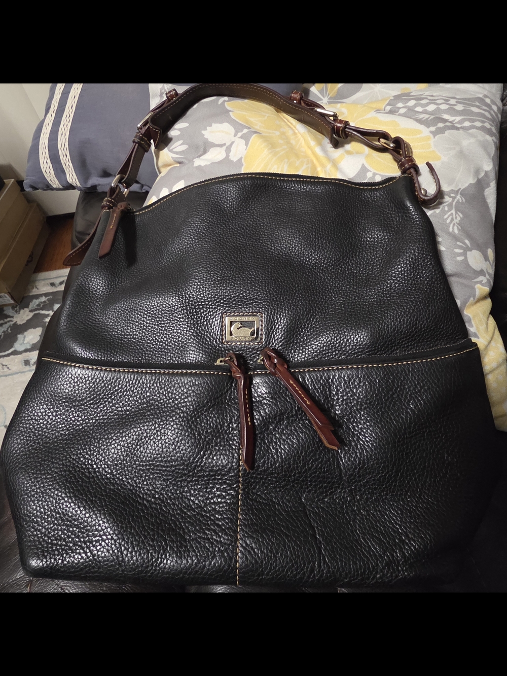 Dooney & Bourke Black Pebbled Leather Hobo with Brown Trim